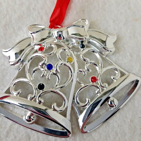 LENOX Sparkle and Scroll Multi Crystal Silver Plate bells holiday Christmas NIP - Picture 3 of 5